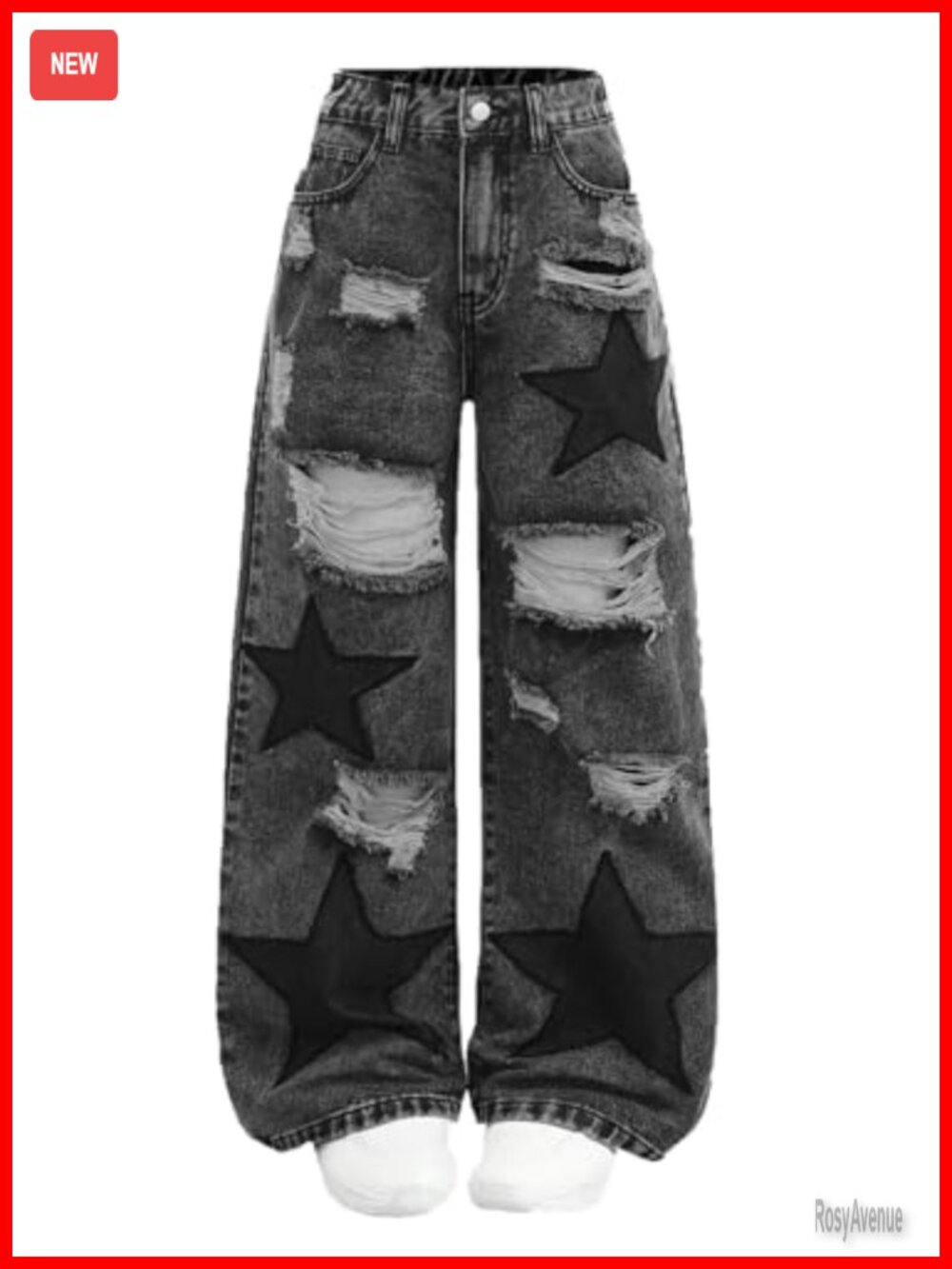 Plus Size High Waist Ripped Wide Leg Jeans with Star Patches Denim Pants